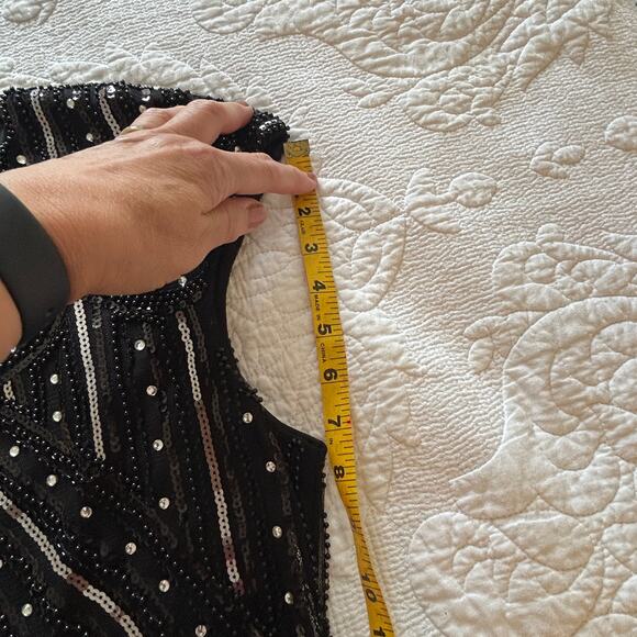 Pretty Guide 2XL Black Bead Silver Sequin Dress Cap Sleeve Fringe Bottom Lined - Picture 6 of 16